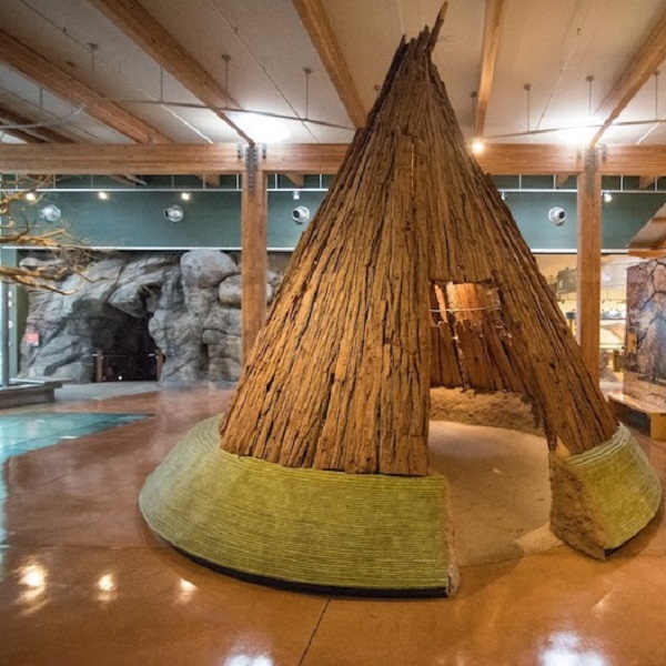 The museum offers educational programs and exhibitions on the Wintu people, including a full-size bark house.
