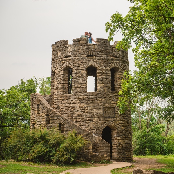 Clark Tower, built in 1926, is a three-story limestone structure located in City Park. Visitors can climb its staircase for panoramic views of the Middle River Valley. 