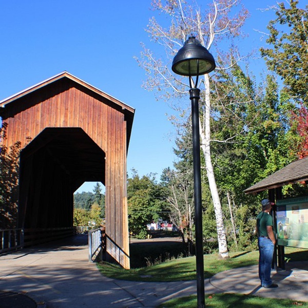 The Chambers Railroad Covered Bridge spans the Coast Fork of the Willamette River just southwest of the historic downtown area. 