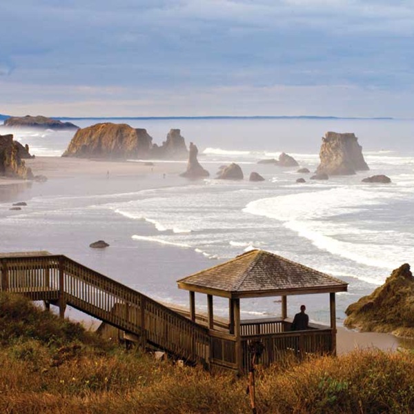 Face Rock and the surrounding sea stacks create one of the most distinctive landscapes on the Oregon Coast, with enormous rock formations rising from broad sandy beaches. Sunset is particularly spectacular when the rocks become silhouettes against the Pacific. 