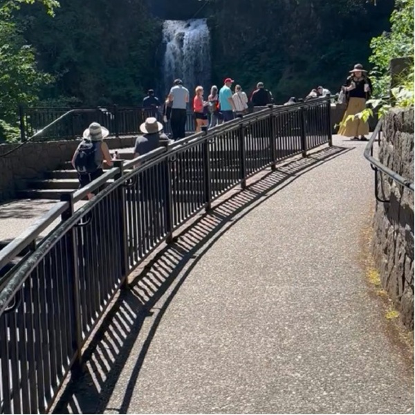 The lower viewing plaza is wheelchair accessible, and the paved path is suitable for many mobility devices; the path to Benson Bridge is paved, but is steep and may not be suitable for those with mobility challenges.