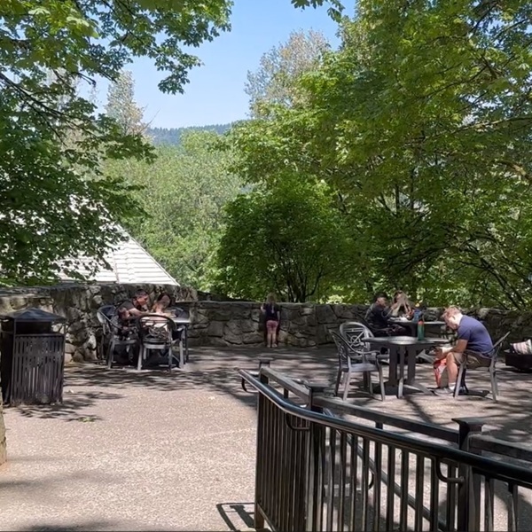 Multnomah Falls Lodge was completed in 1925 and remains one of the finest surviving examples of rustic park architecture in Oregon, providing visitors with a restaurant, a gift shop, and outdoor seating in view of the falls.