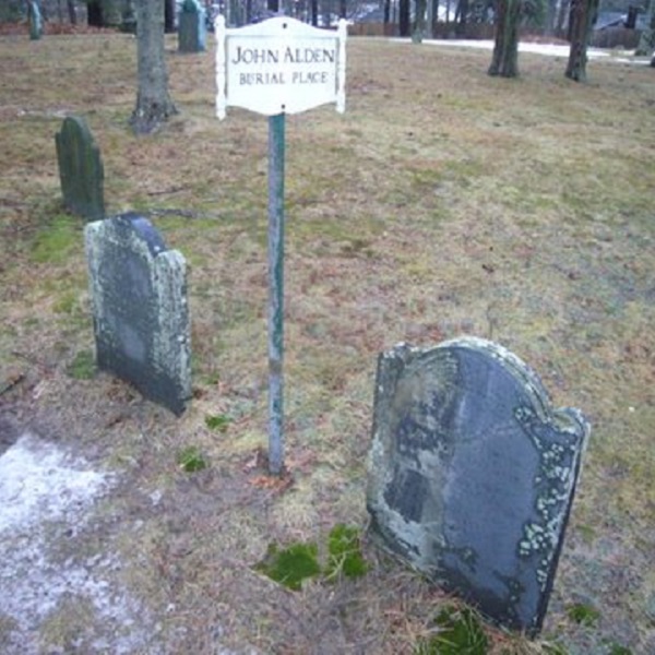 The remains of original Pilgrims John Alden and his wife, Priscilla can be found in the cemetery in Duxbury.
