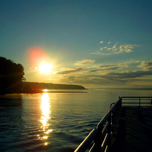 A sunset view of the entrance to the White River Lake Channel.