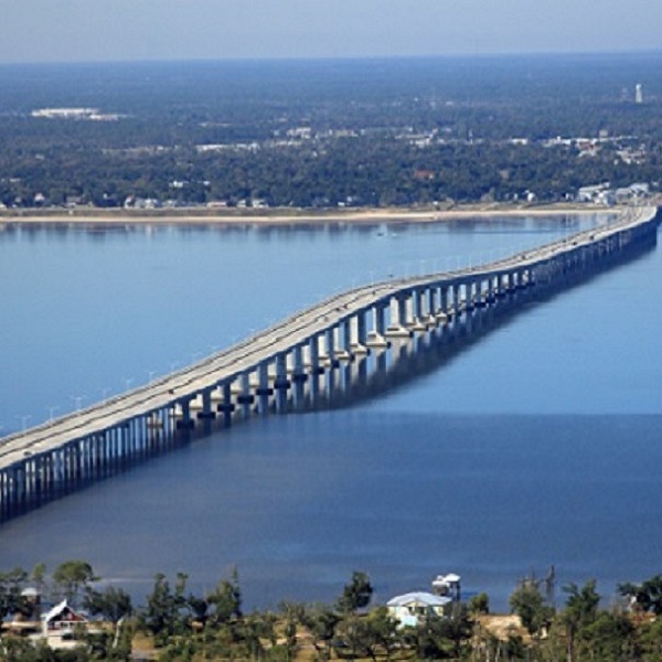 Aerial view of Bay St. Louis and its bridge.