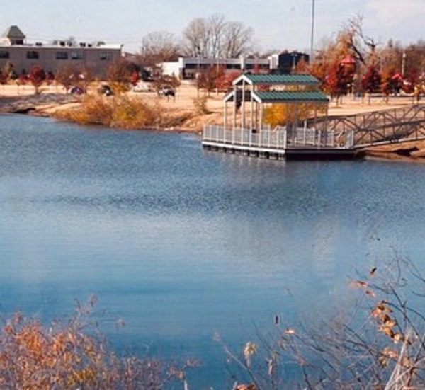 The pond and dock at Veterans Park in Jenks.