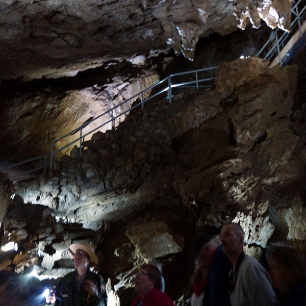 Metal stairs help lead visitors through a 300-foot change in elevation and 15,000 feet of cave. 