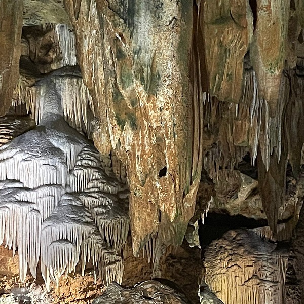 Calcite, a crystalline form of limestone, create the caverns’ magnificent formations. 