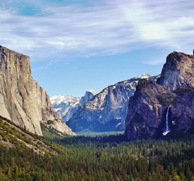 View of Yosemite Valley from the Wawona Tunnel. The unique granite formations led to Yosemite designation as a National Park, one of its first. 
