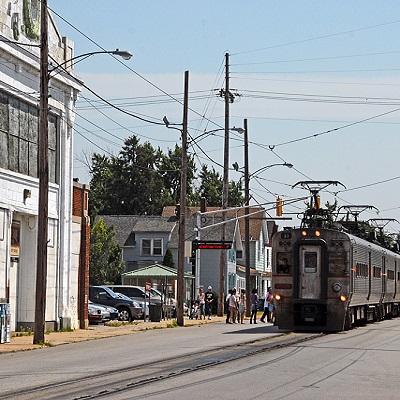 The old Chicago South Shore and South Bend station with trolley in Michigan City.