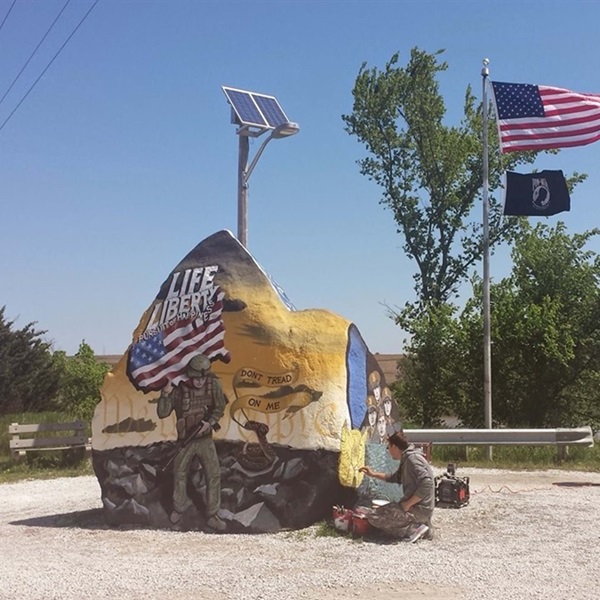 The original Freedom Rock, artwork created by Ray “Bubba” Sorensen, is located in Greenfield and is repainted each May in time for Memorial Day.