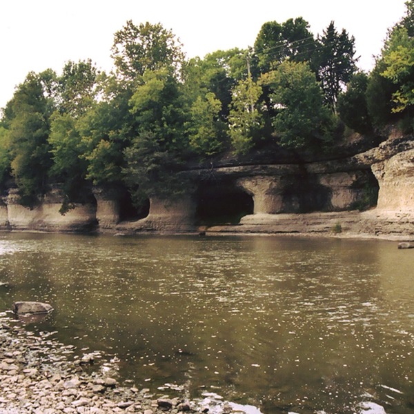 The Seven Pillars formation along the Mississinewa River was created over the centuries as wind and water eroded the limestone, carving rounded buttresses and alcoves into the north bluff of the river. 