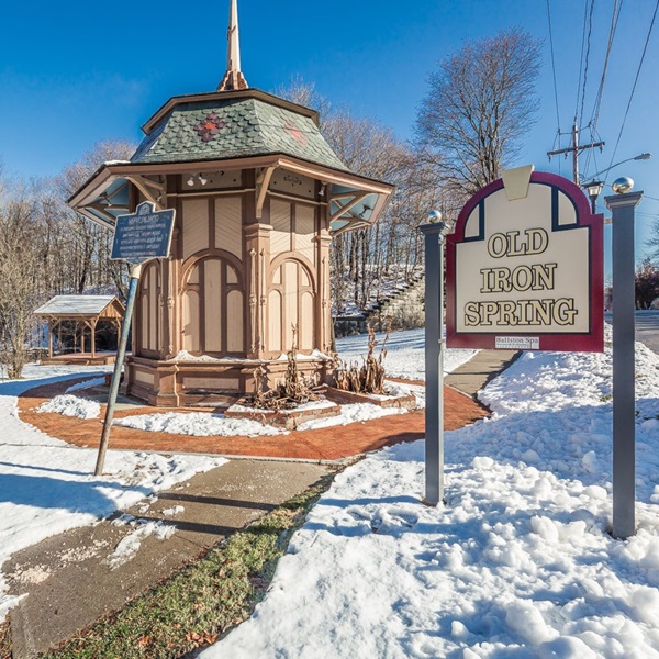 The eight-sided pavilion of the Old Iron Spring is regarded as the oldest existing in the area. With public access, the water may be sampled free of charge.