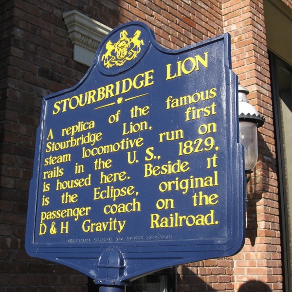 This is a replica of the Stourbridge Lion, the first steam engine on rails. Built in Honesdale, the town is known as the Birthplace of the American Railroad.
