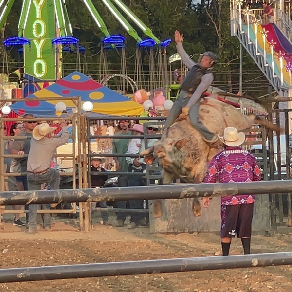 The Obion County Fair Rodeo features rodeo athletes competing in various events such as bull riding, saddle bronc riding, steer wrestling, team roping, and barrel racing.