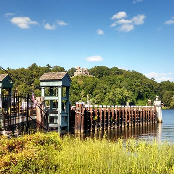 A ferry crosses the scenic Connecticut River near Gillette Castle State Park, a continuation of Scenic Route 148. 