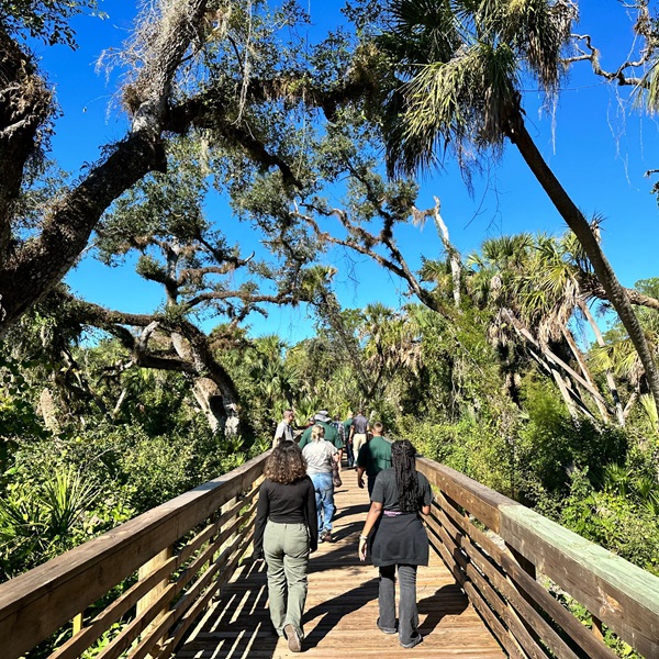 Myakkahatchee Creek Environmental Park is a 160-acre park that offers hiking and biking trails through old-growth live oaks and palm trees. 