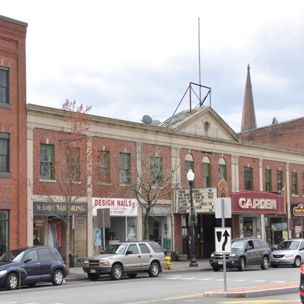The Garden Cinema Historic District includes several blocks of Main Street extending roughly from Chapman Street in the west to Franklin Street in the east and includes properties along Bank Row. 