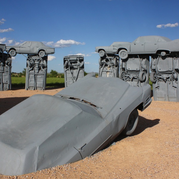 Carhenge is made up of 38 gray, spray-painted cars that are designed to match Stonehenge's dimensions and layout. 